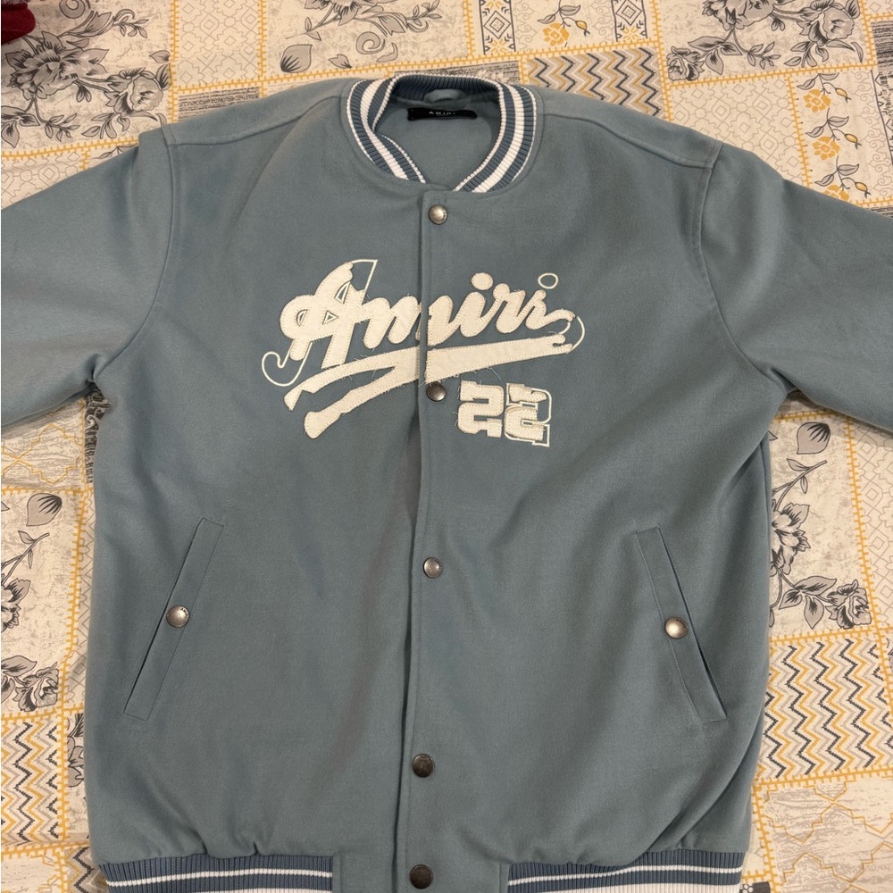 AMIRI Blue and White Bomber Jacket with Striped Collar